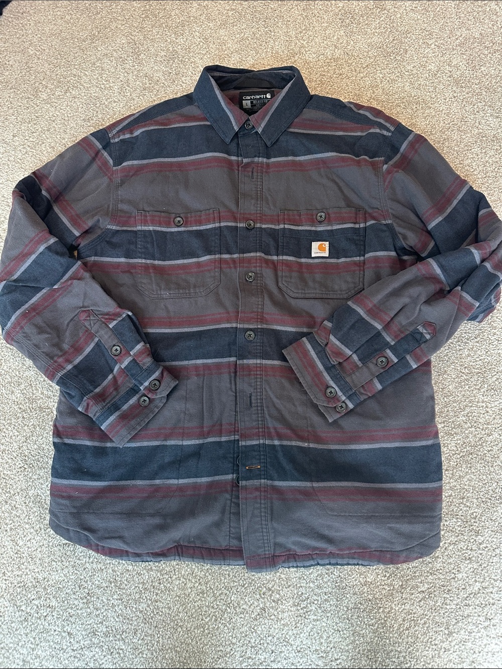 Carhartt Men's Navy and Burgundy Striped Button-Down Work Shirt